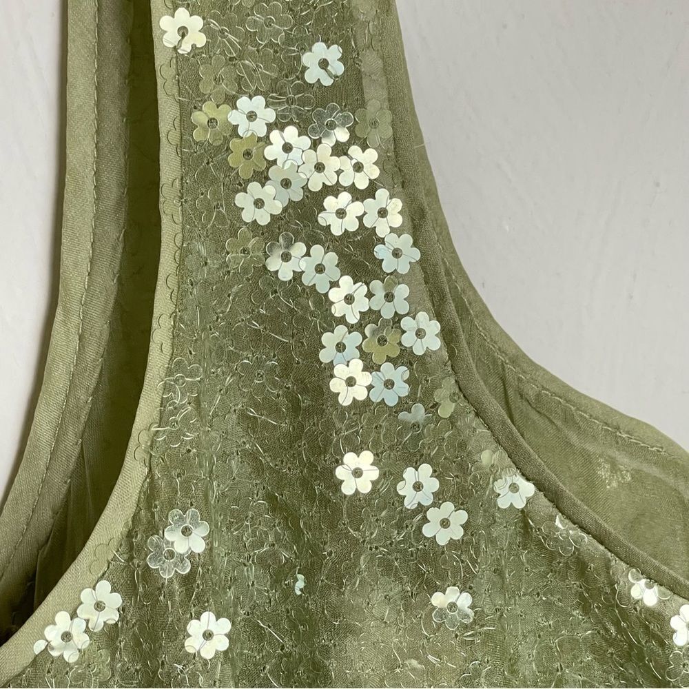 RENA LANGE Y2K Sleeveless Midi Silk Dress Floral Sequins Fairy Ethereal Formal - Picture 5 of 17